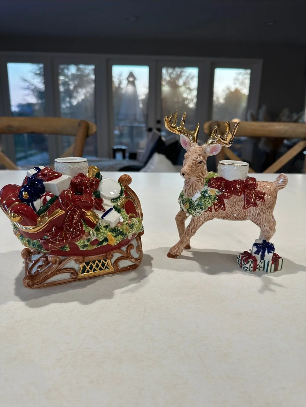 Waterford Holiday Heirloom Red, Gold & Green Reindeer Candle Holders